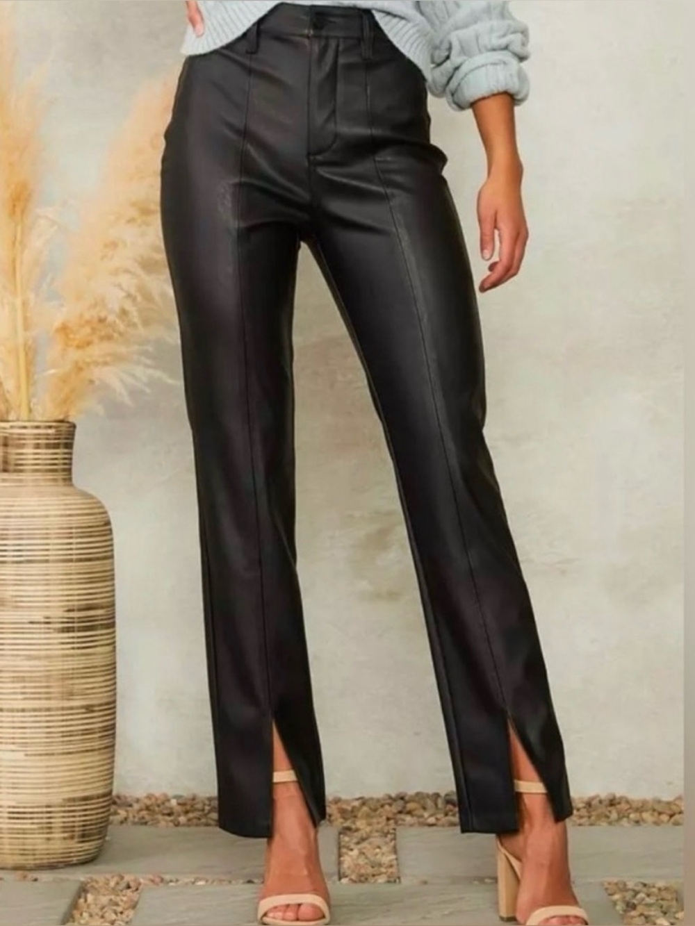 KanCan High-Waist Black Faux Leather Straight Pants with Front Slit